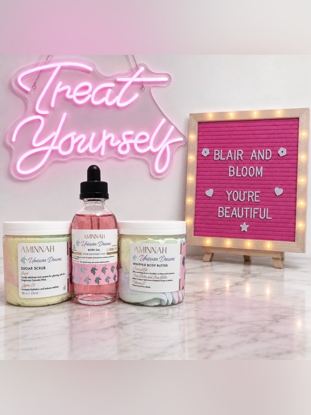 AMINNAH Unicorn Dreams Whipped Body Butter, Sugar Scrub & Body Oil Bundle-NEW